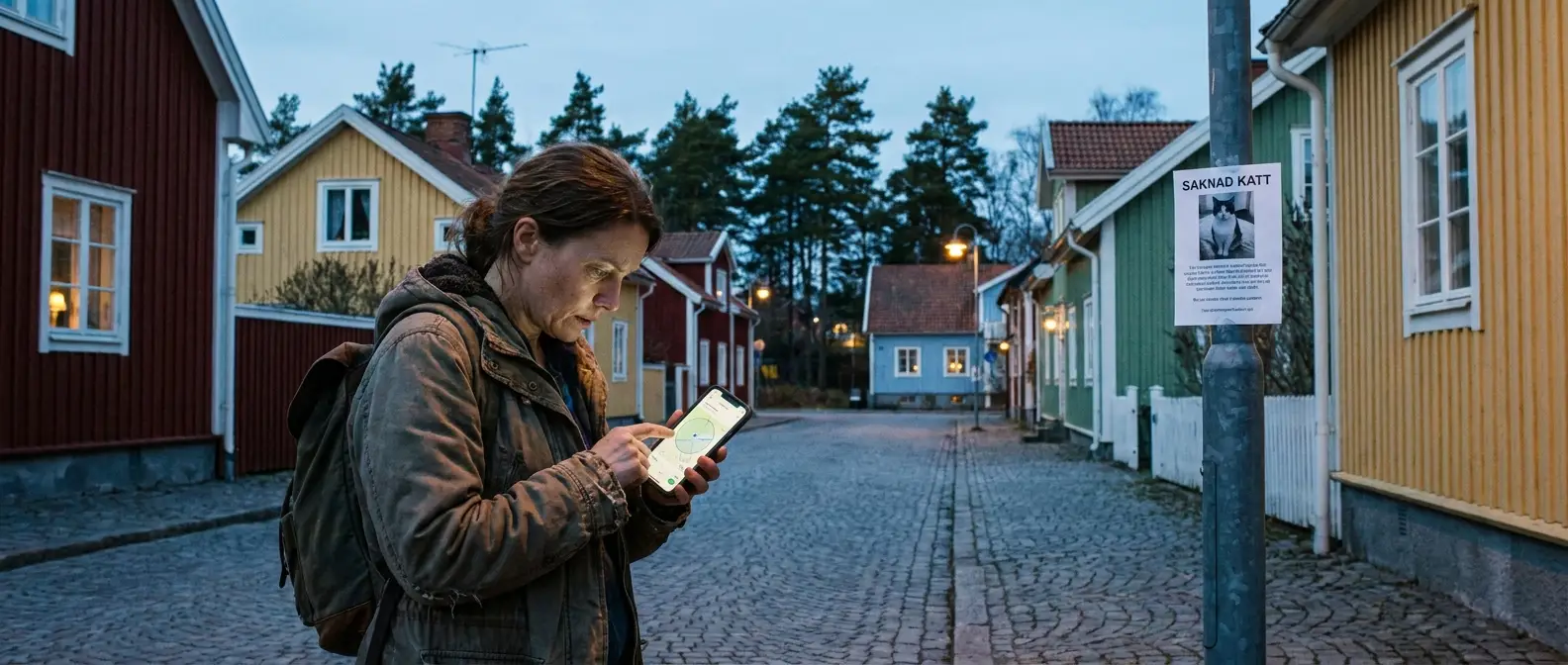 Orolig djurägare letar efter bortsprungen katt med mobilen i skymningen - Djurslottet