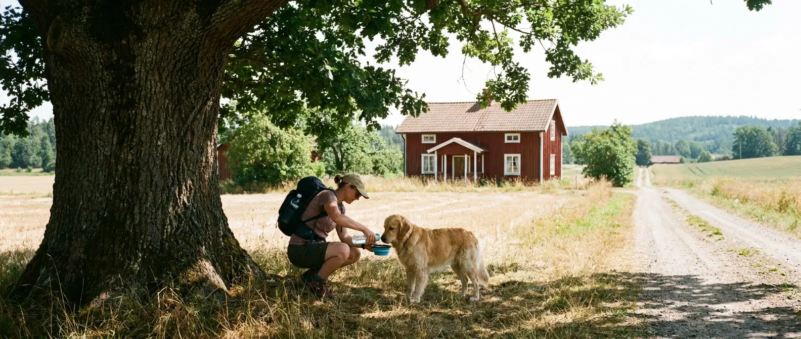 Ägare ger hund vatten ur en flaska i skuggan en varm dag - Djurslottet