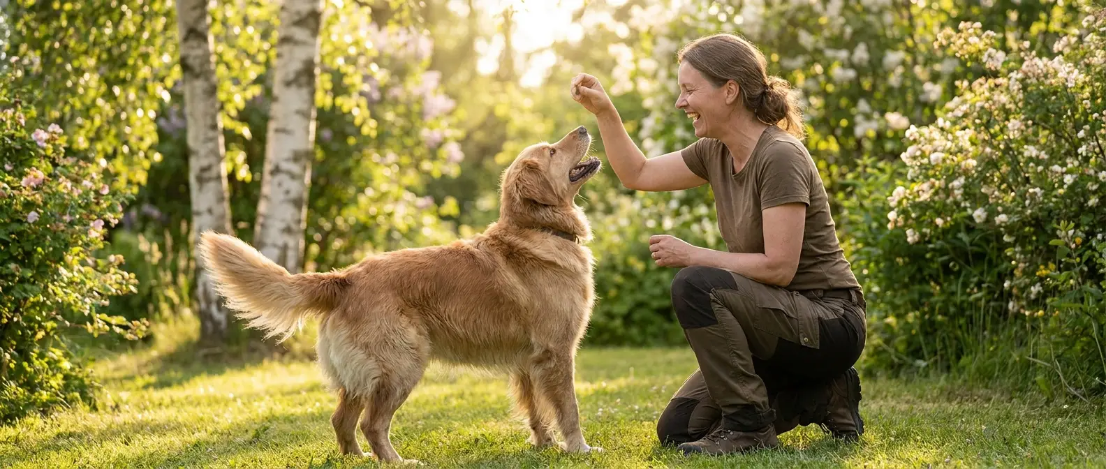 Hundägare belönar och guidar glad hund med godbit under agilityträning i trädgården - Djurslottet