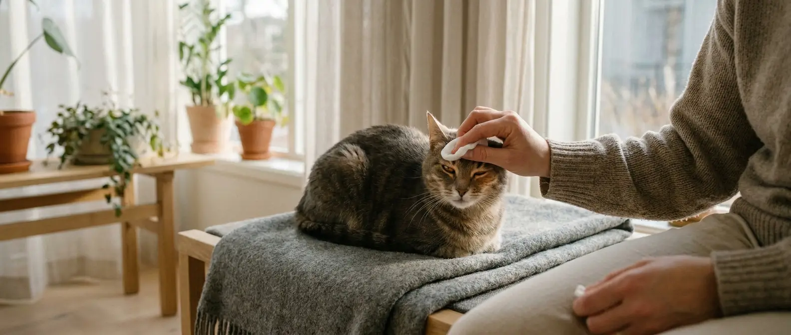 Katt vars ögonvrå torkas försiktigt med en mjuk pad - Djurslottet