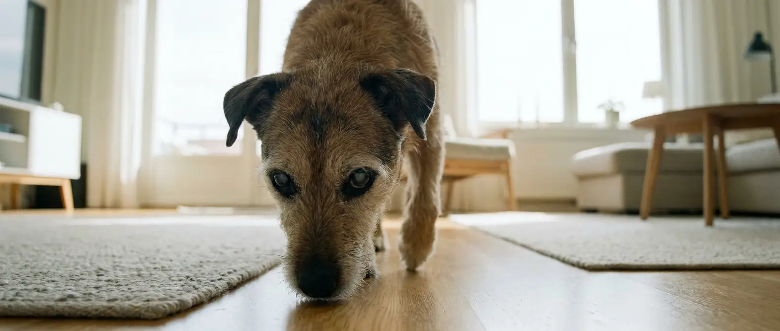 Äldre hund med lätt grumliga ögon nosar sig fram över golvet - Djurslottet
