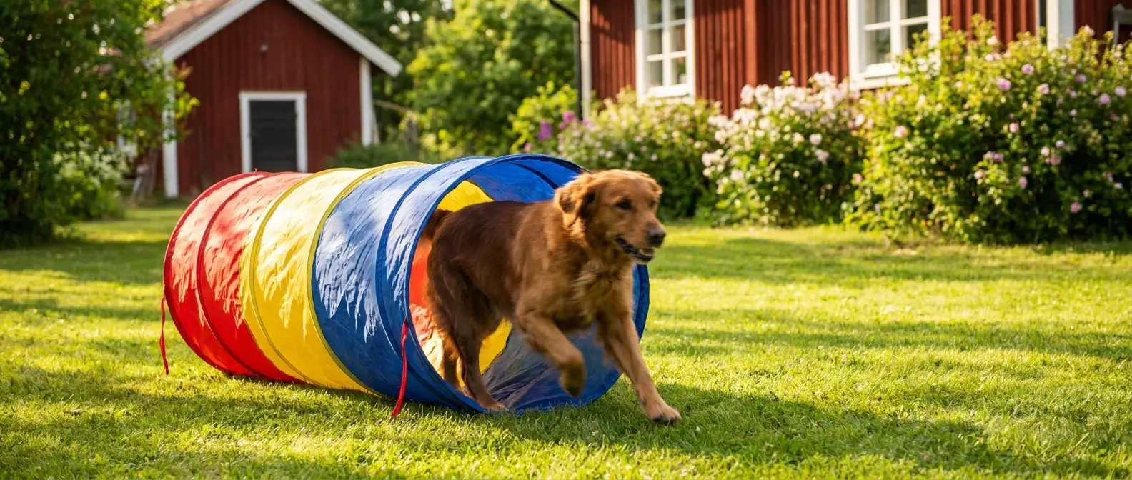 Hund springer genom agilitytunnel på gräsmatta i sommarträdgård - Djurslottet