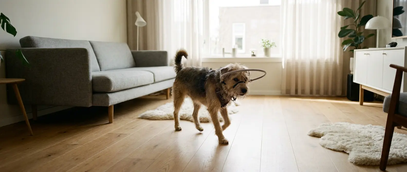 Hund med skyddsbåge halo-sele går tryggt genom ett vardagsrum - Djurslottet