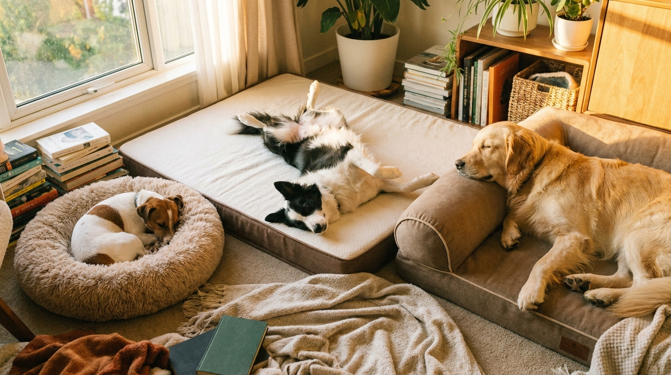 Three dogs of different sizes each sleeping in their own style on different beds - Petifo