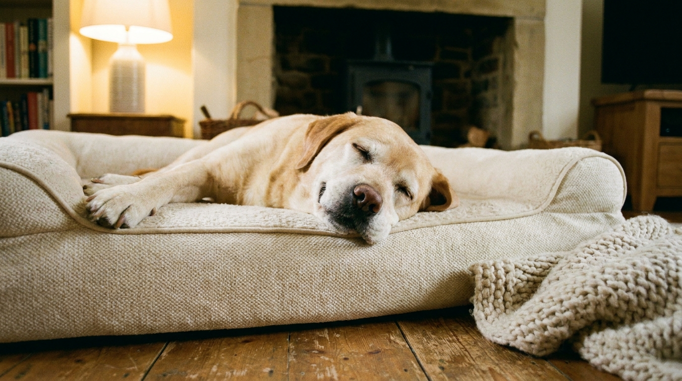 Senior dog resting comfortably on an orthopaedic memory foam dog bed - Petifo