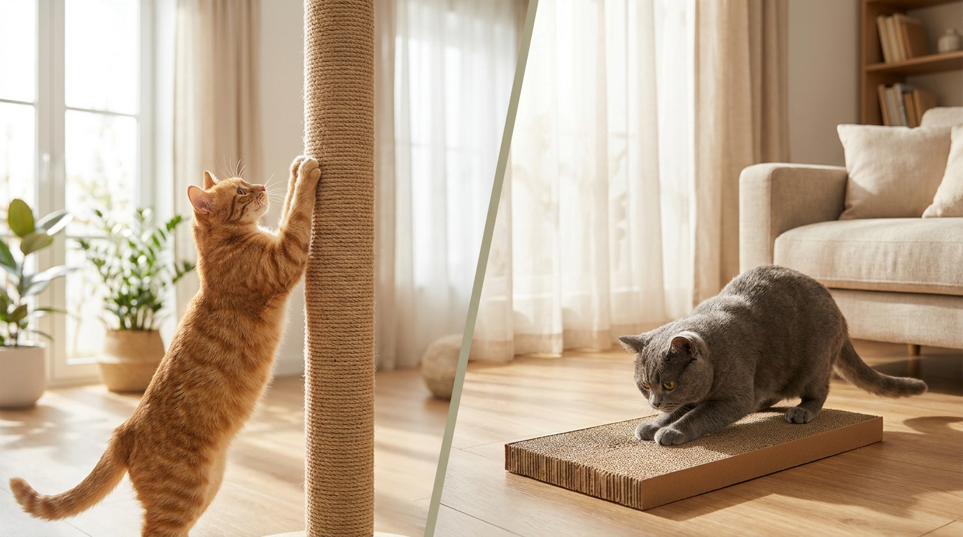Side-by-side comparison of a cat scratching vertically on a tall post and horizontally on a flat scratcher - Petifo