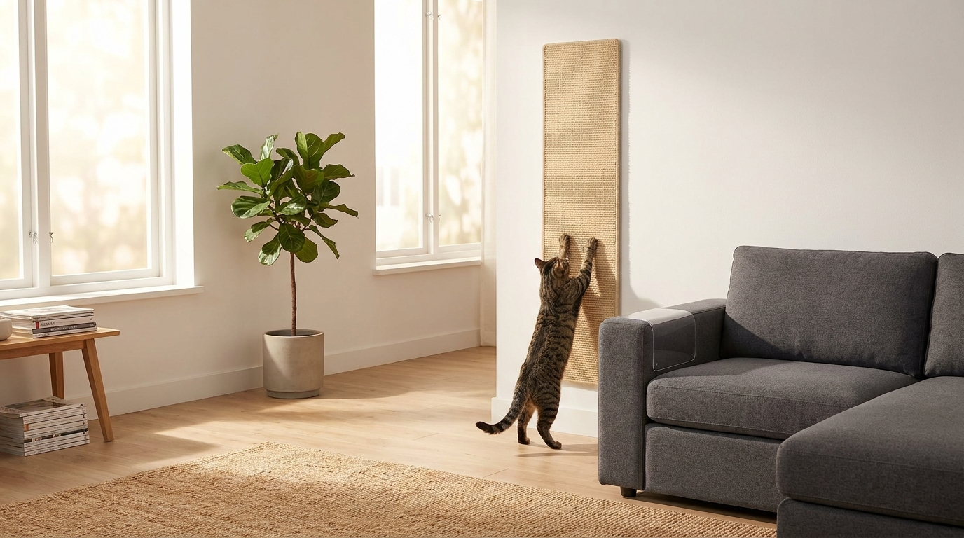 A cat happily using a wall-mounted scratching board next to a protected sofa - Petifo