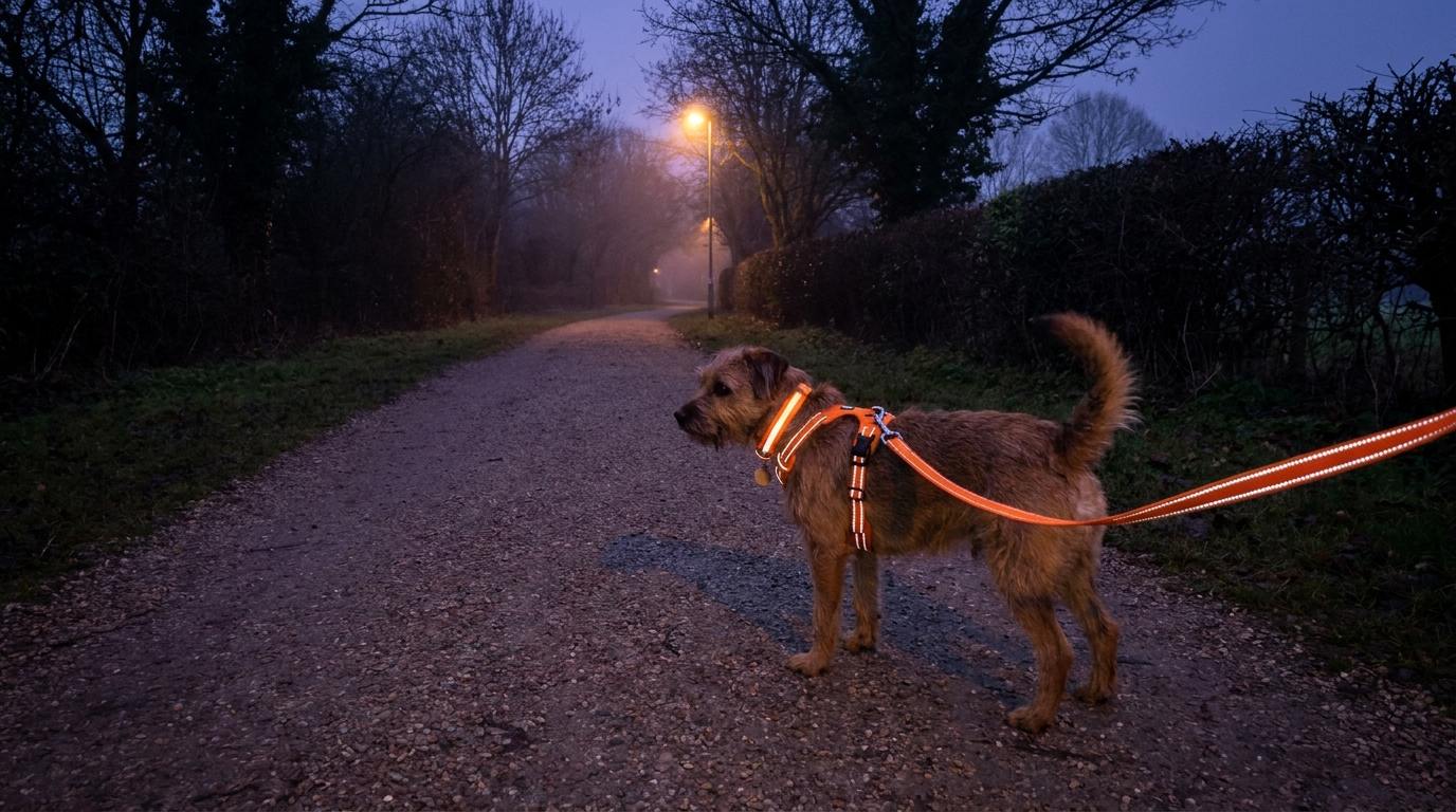 Dog wearing reflective gear walking along a dimly lit suburban path at dusk - Petifo