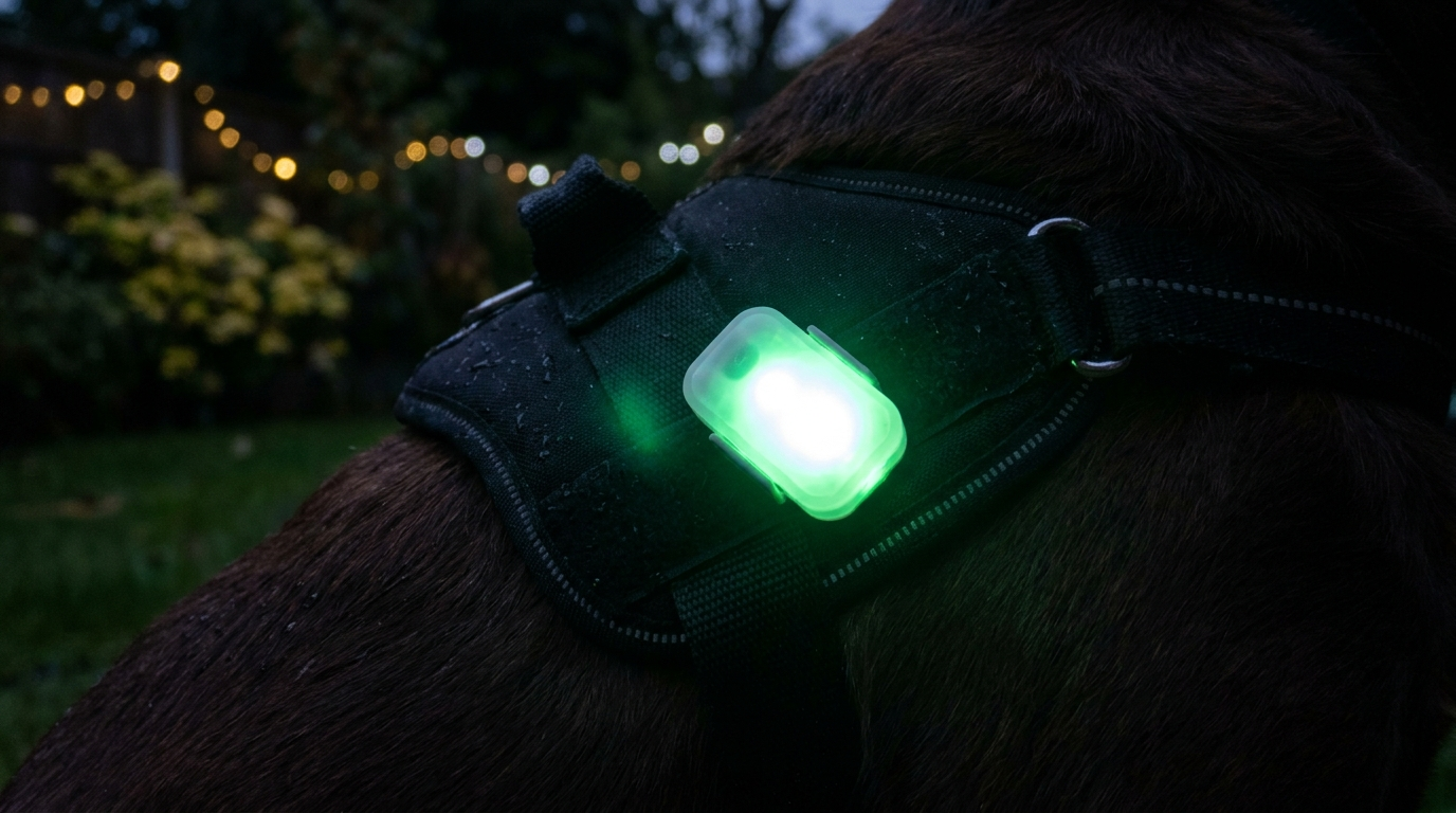 Close-up of LED safety light clipped to a dog harness glowing in the dark - Petifo
