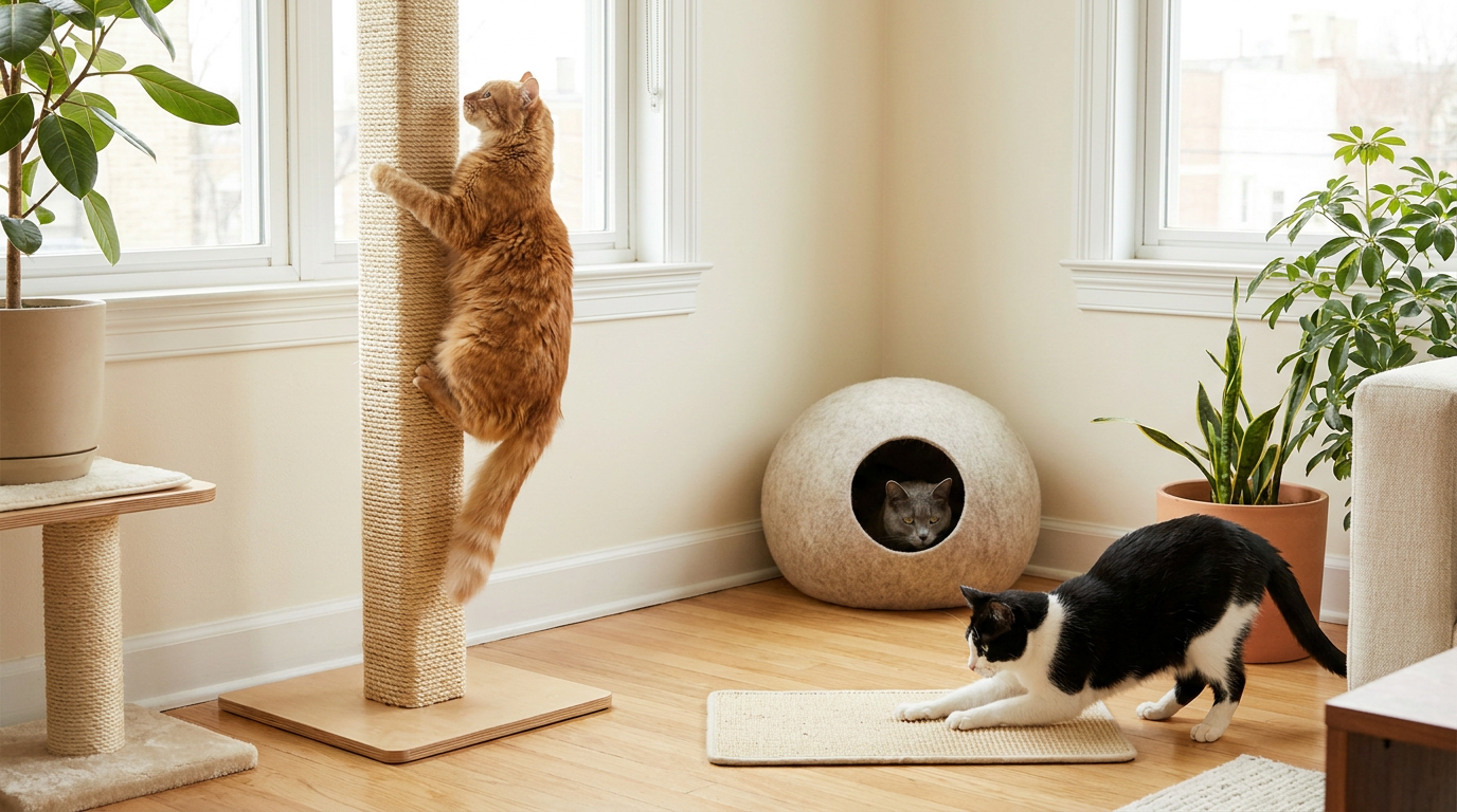 Three cats with different personalities sitting, climbing and lounging on cat furniture - Petifo