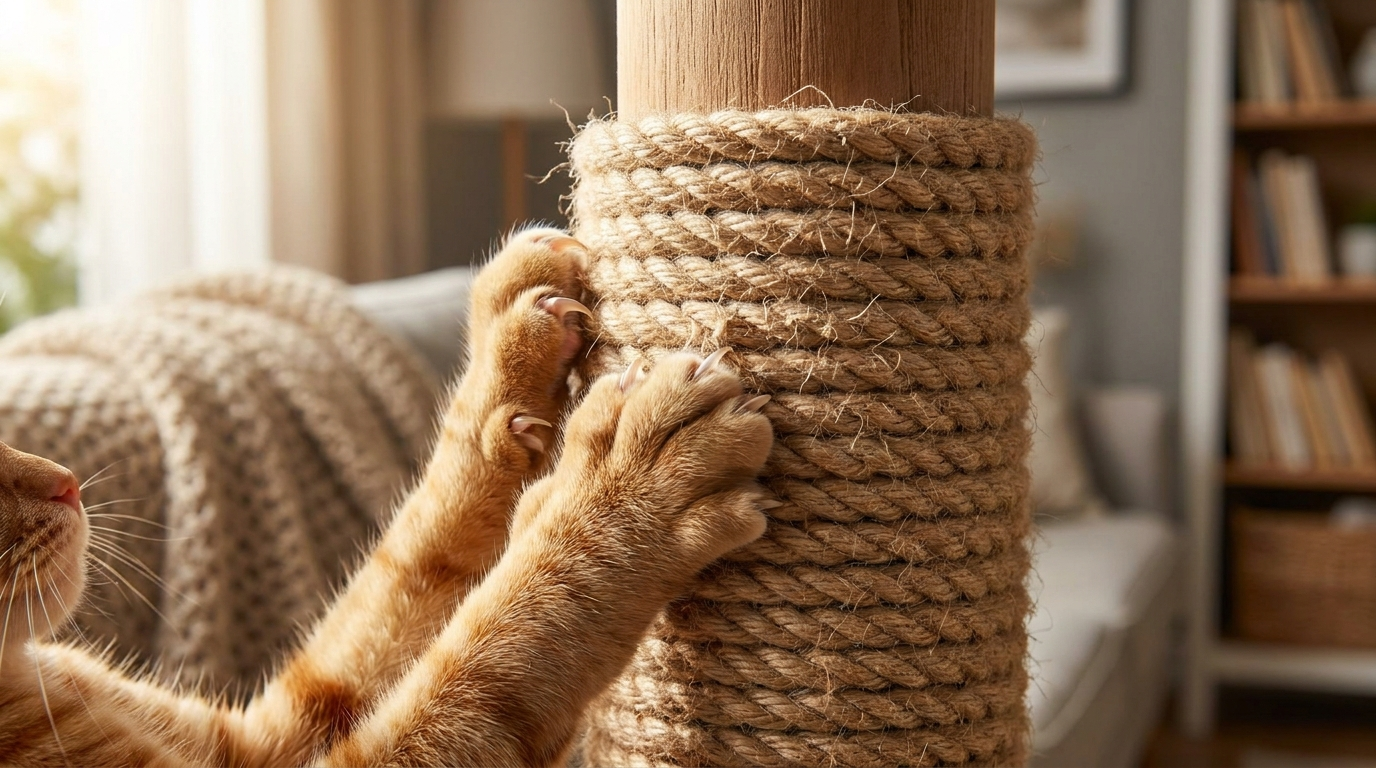 Close-up of a cat scratching a sisal rope post on a wooden cat tree - Petifo