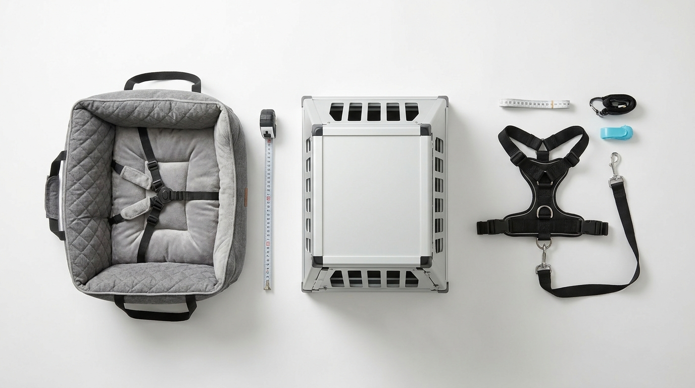 Comparison of a dog car seat, an aluminium car crate and a harness seatbelt clip side by side - Petifo