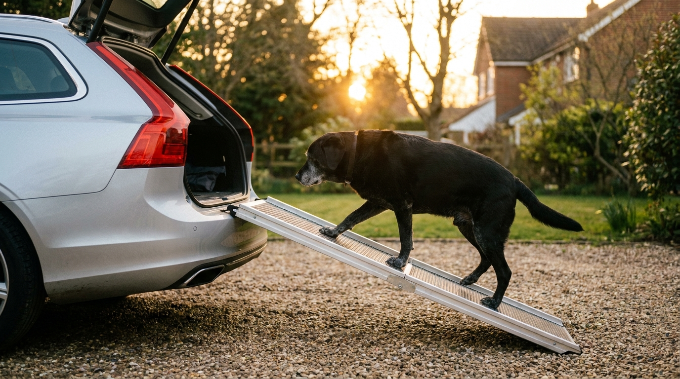 Large dog walking up a foldable ramp into the boot of an SUV - Petifo