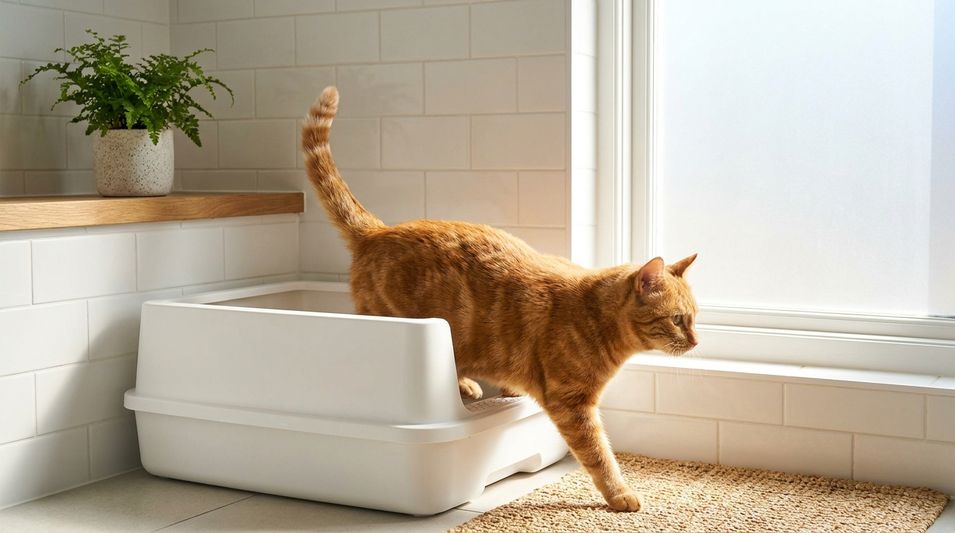 Cat using a clean litter tray in a quiet corner of a bright room - Petifo