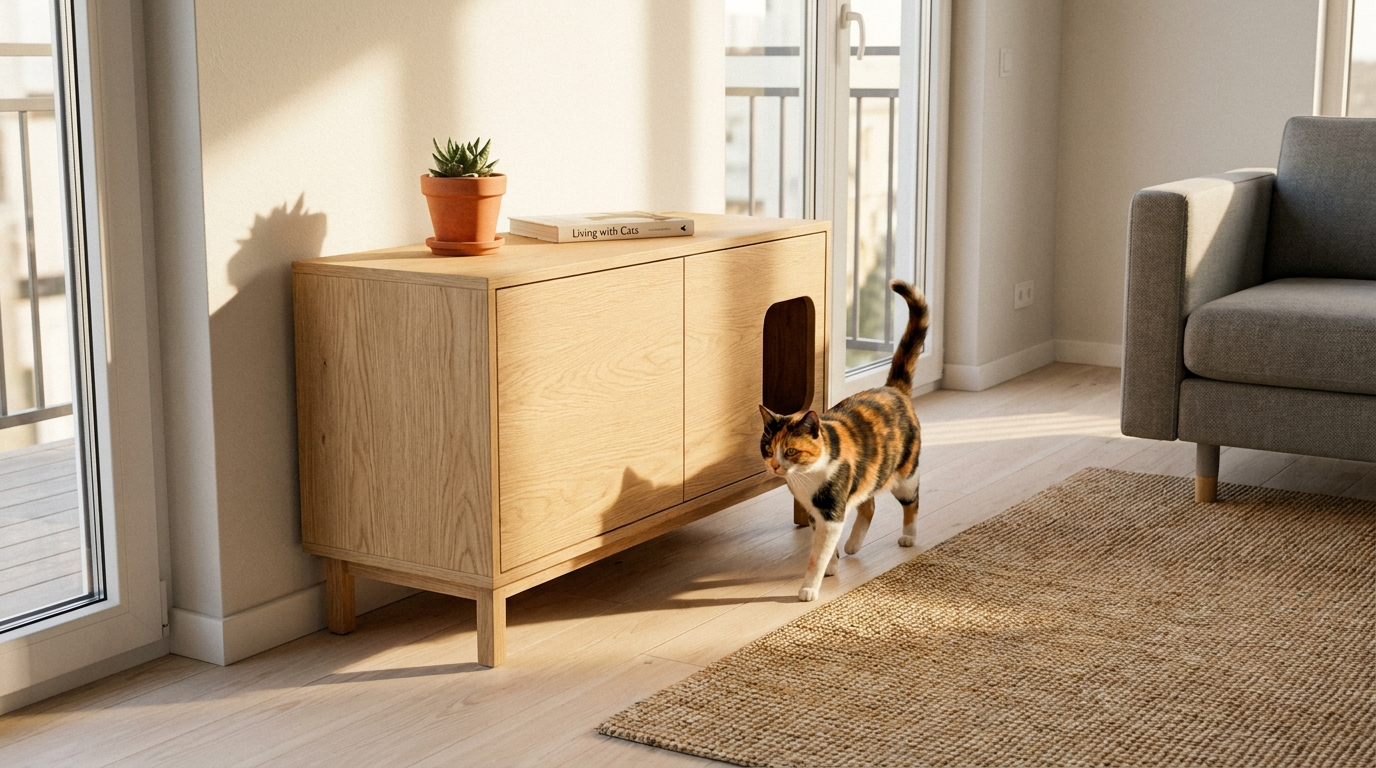 Stylish litter box cabinet blending into a modern living room interior - Petifo