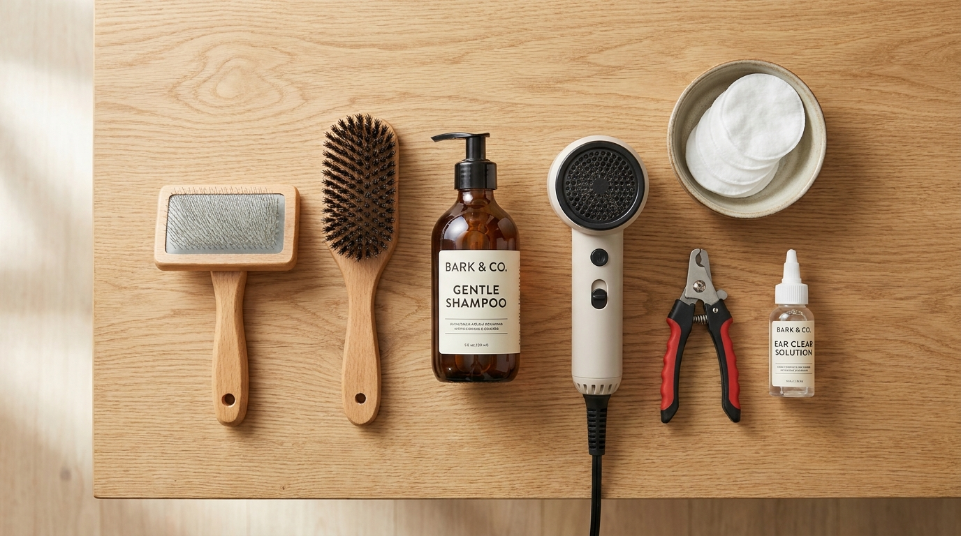 Collection of dog grooming tools laid out on a table including brushes, shampoo and a pet dryer - Petifo