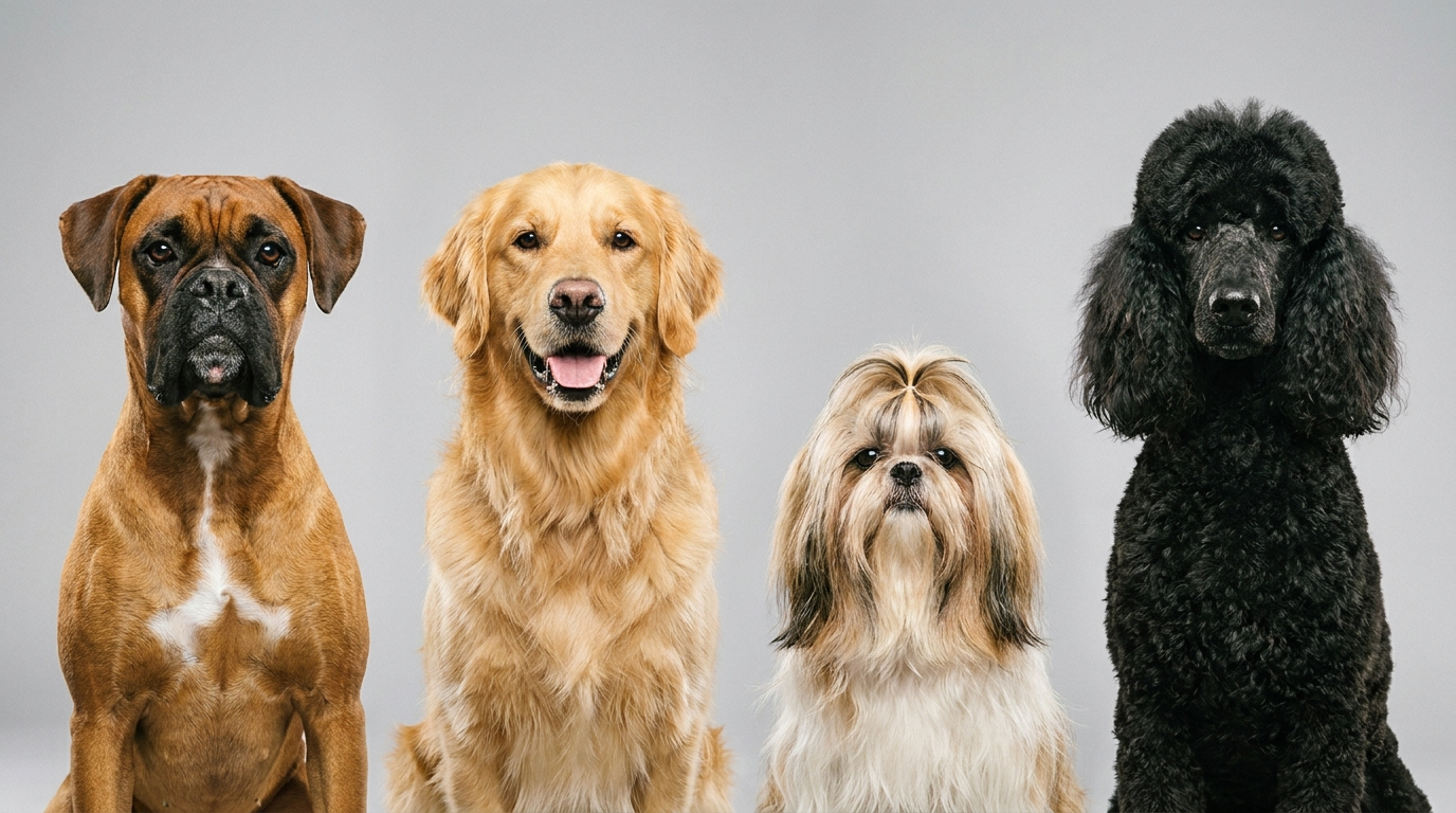 Different dog breeds showing various coat types from short to curly - Petifo