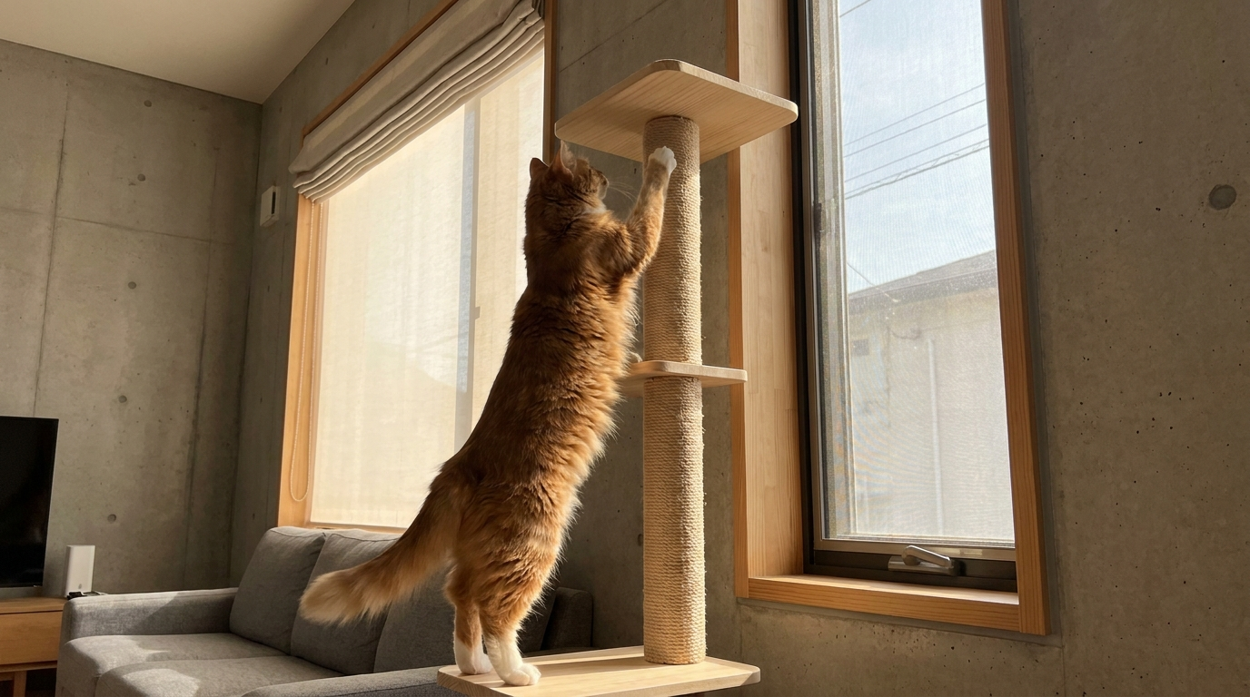 Ginger cat climbing a tall cat tree placed next to a sunny window in a modern living room - Petifo