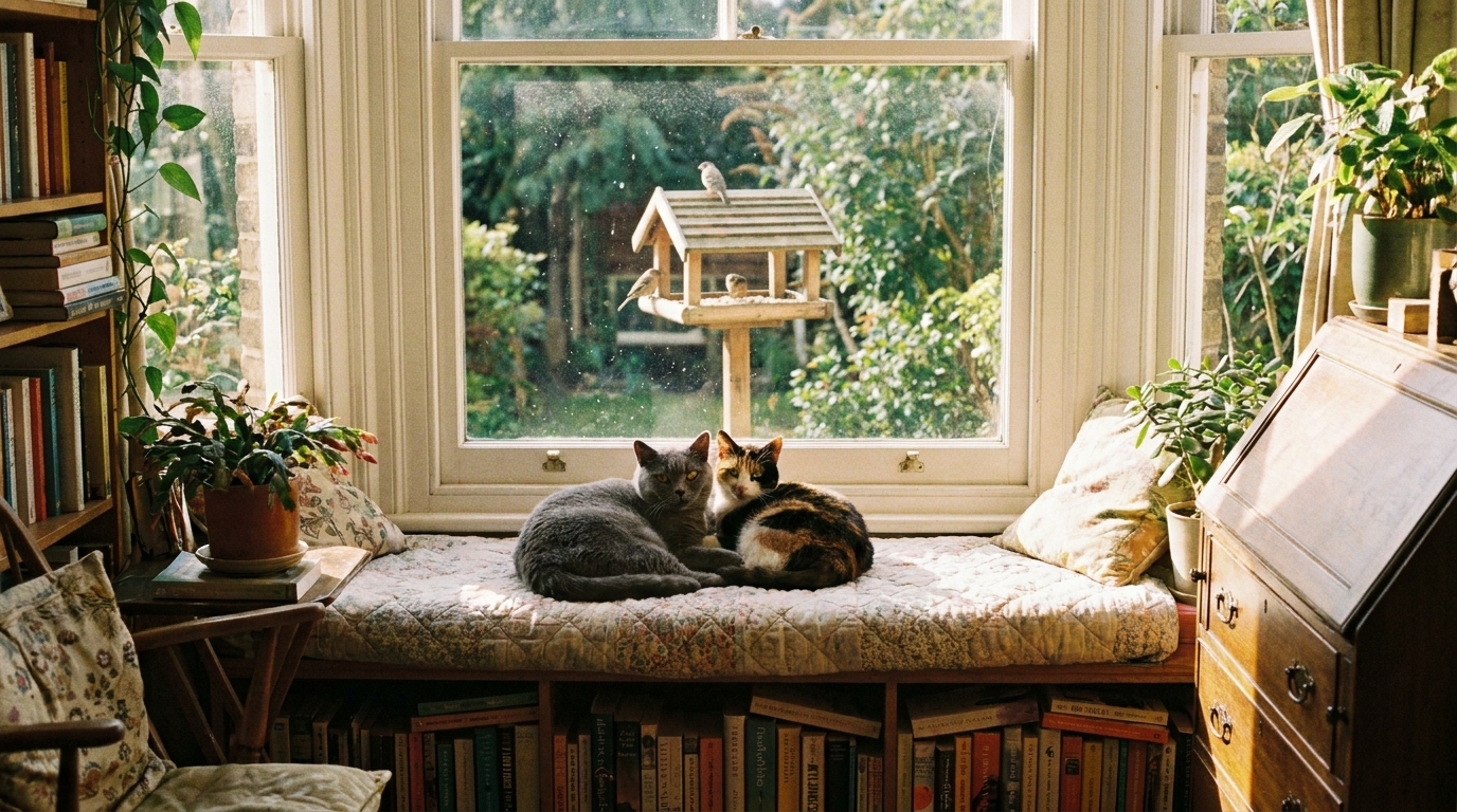 Two cats relaxing on a window perch watching birds outside in a cosy home - Petifo