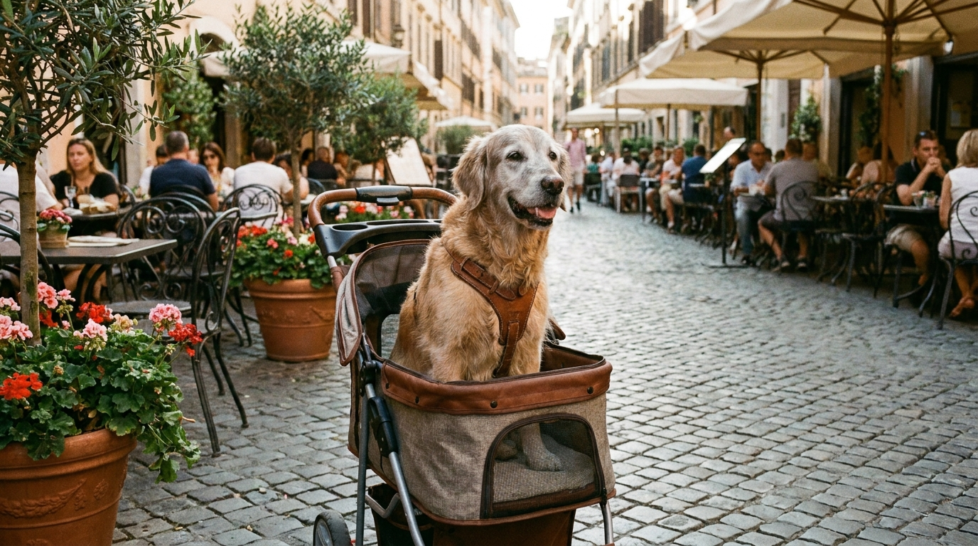 Senior dog sitting comfortably inside a pet stroller on a cobblestone European street - Petifo
