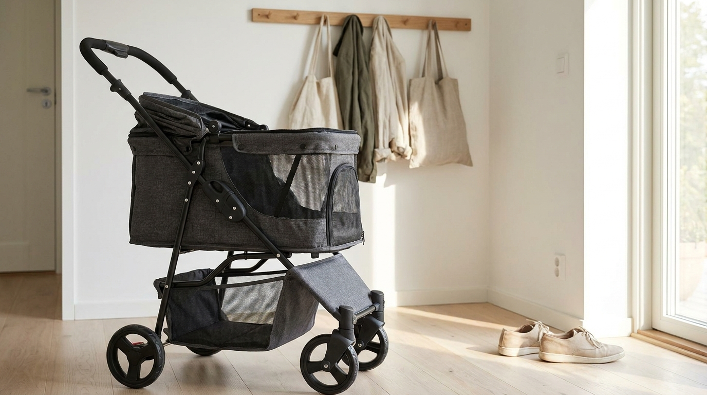 Close-up of a foldable pet stroller showing mesh ventilation and storage basket in a home setting - Petifo