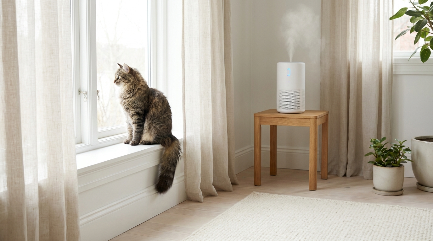 Tabby cat sitting on a windowsill with an air purifier running in the background of a bright room - Petifo