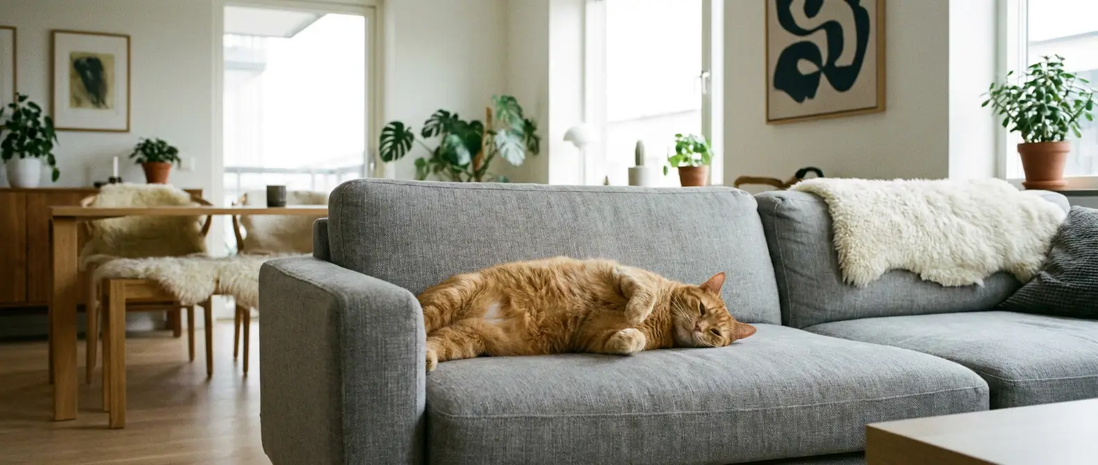 Överviktig katt som vilar på soffa i skandinavisk lägenhet - Djurslottet