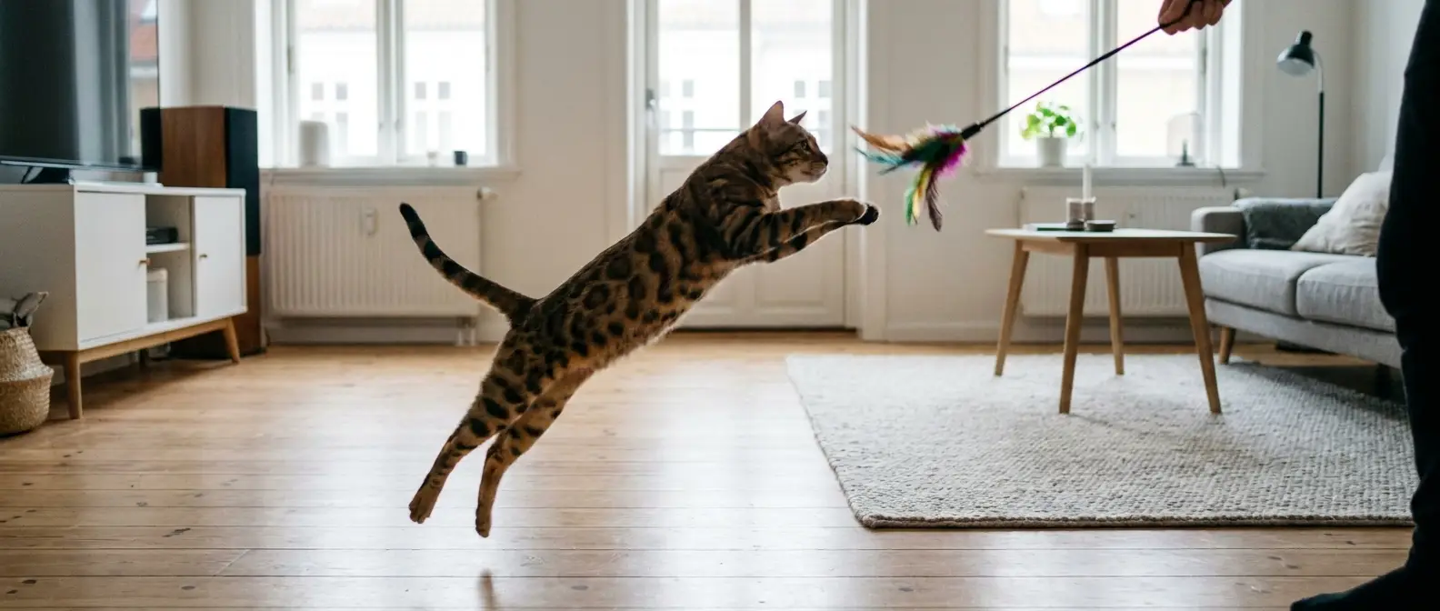 Aktiv katt som leker med fjäderleksak i vardagsrum - Djurslottet
