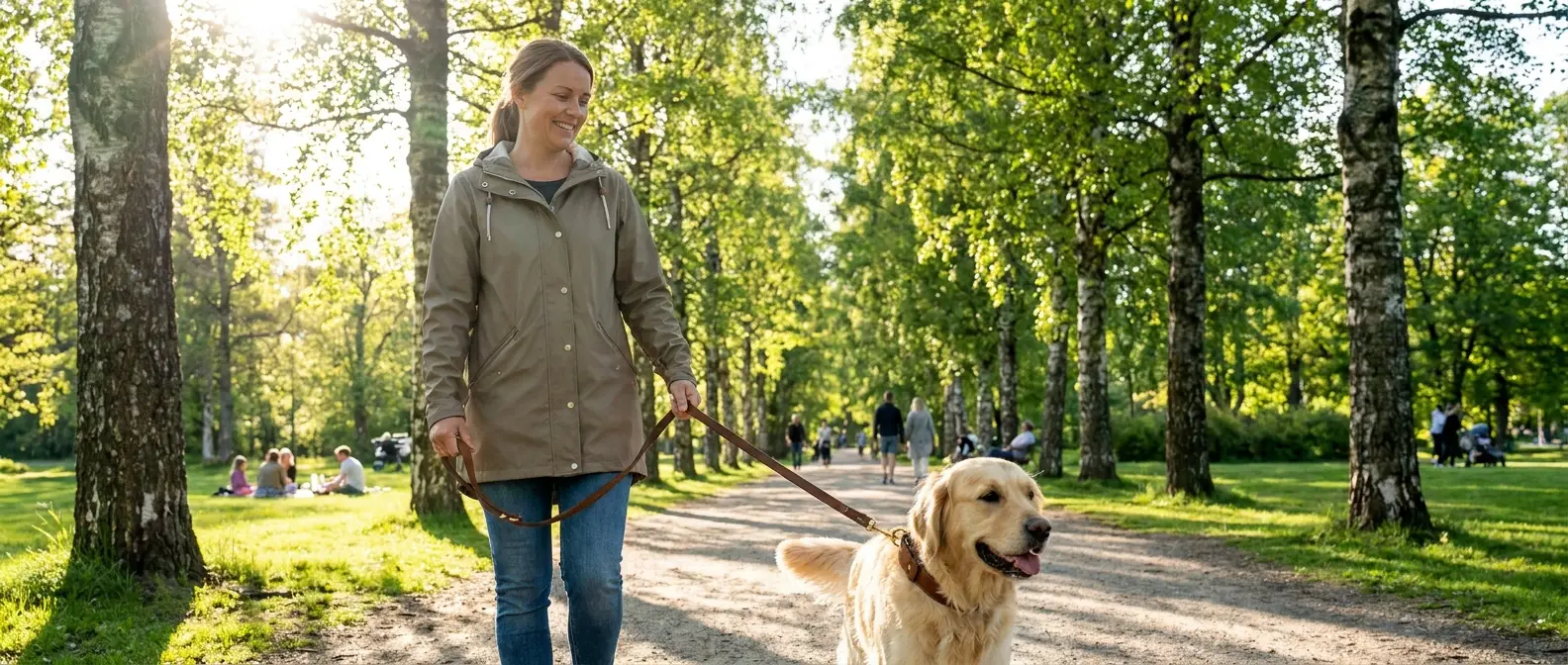 Kvinna på promenad med hund som bär läderhalsband i svensk park - Djurslottet