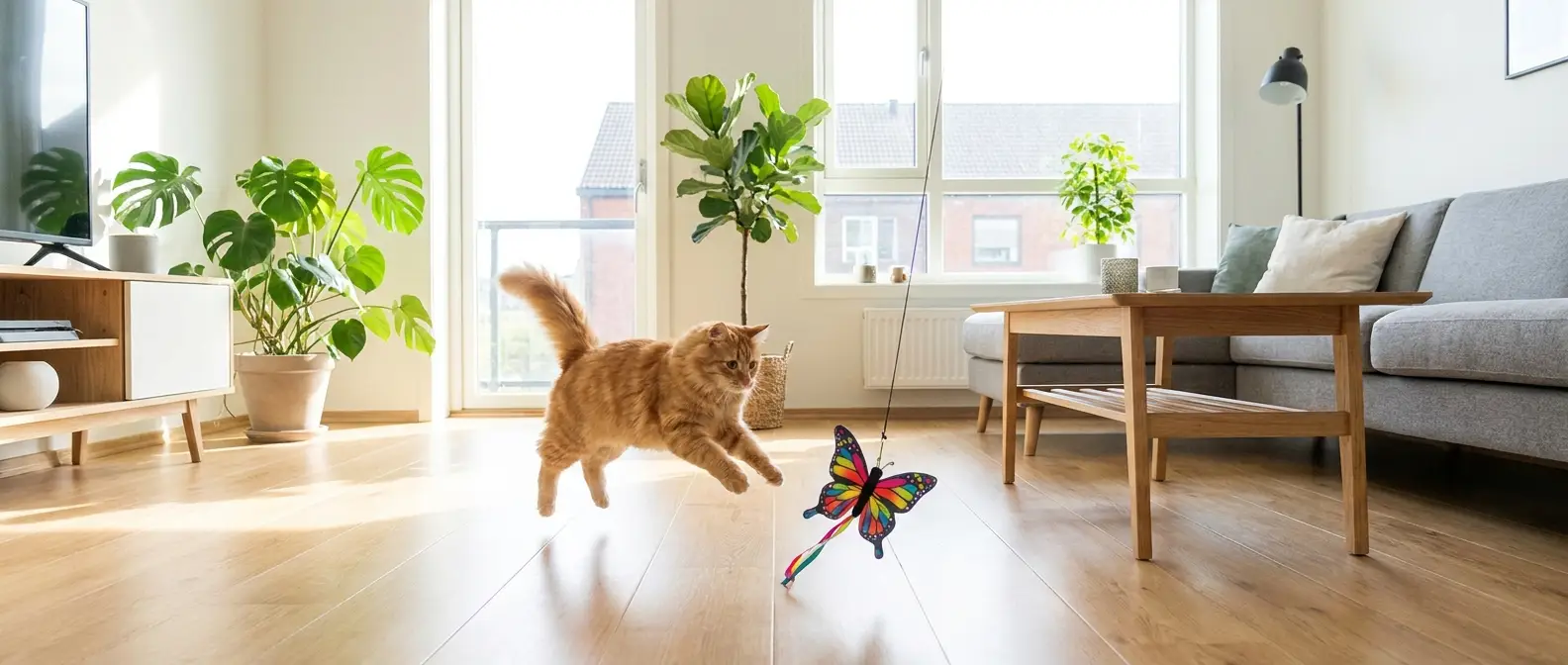Katt som hoppar efter fjärilsleksak i ljust vardagsrum - Djurslottet
