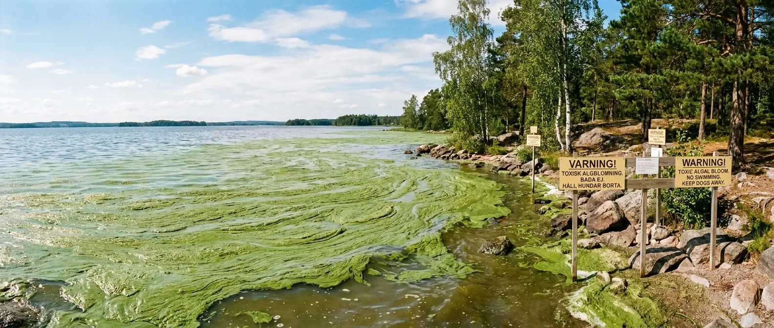Algblomning i en svensk sjö med grönt grumligt vatten nära strandkanten - Djurslottet