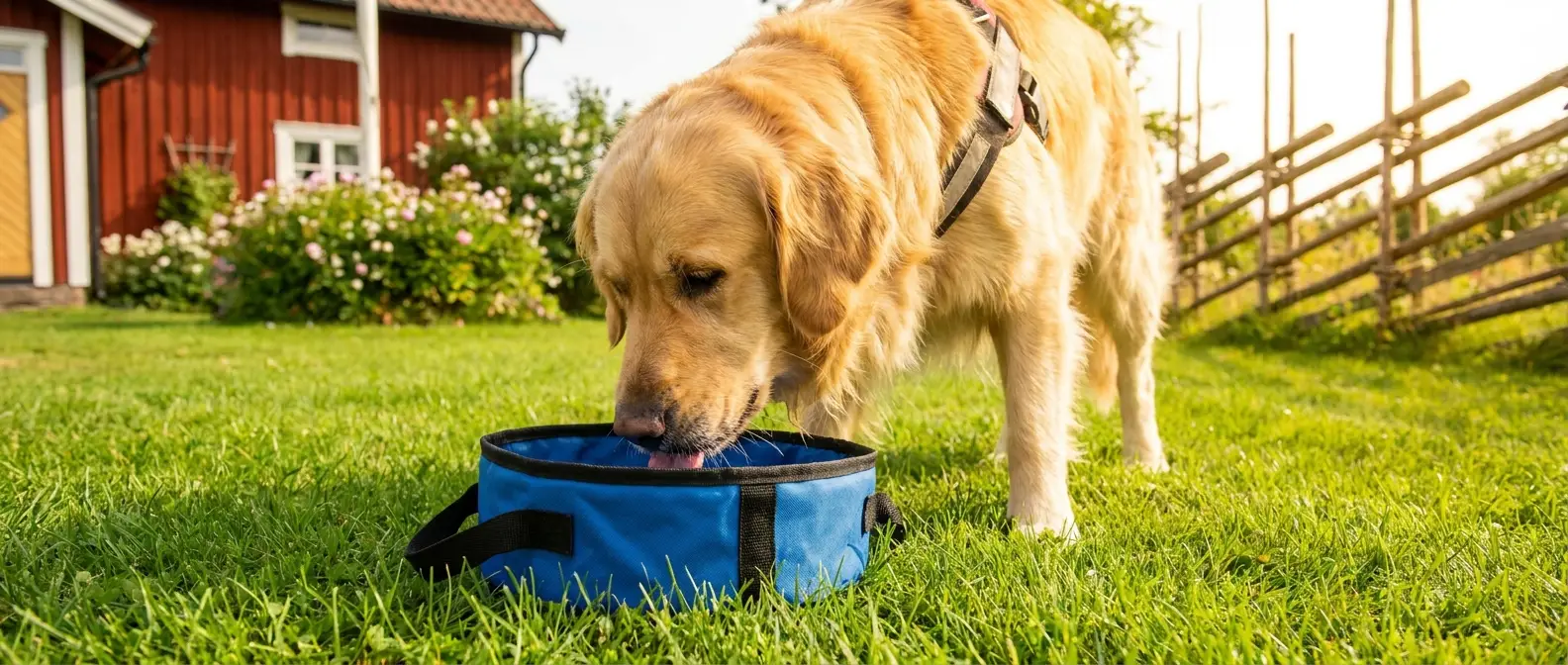 Hund som dricker vatten från en vattenflaska på promenad i naturen - Djurslottet