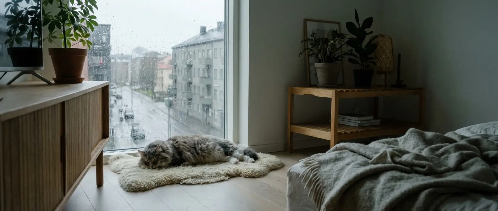 Uttråkad innekatt ligger vid fönstret en grå dag - Djurslottet