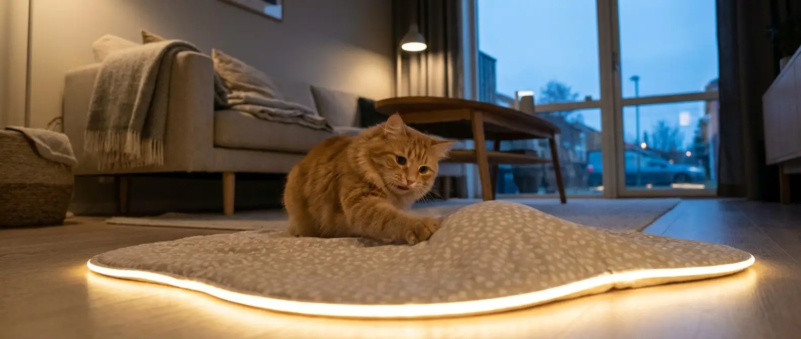 Katt slår efter rörlig boll under aktiveringsmatta med LED-ljus - Djurslottet