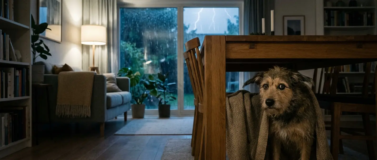 Rädd hund gömmer sig under bord under åskväder - Djurslottet