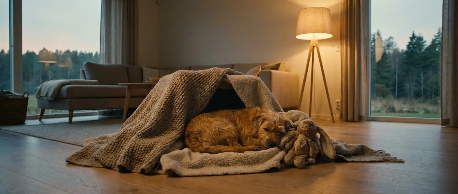 Lugn hund vilar i mysig filtkoja med lugnande gosedjur - Djurslottet