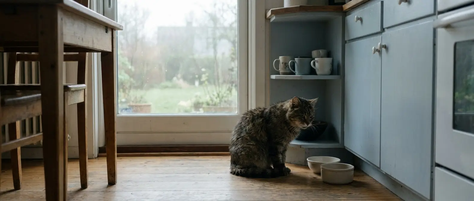 Ensam katt sitter vid tomma mat- och vattenskålar i köket - Djurslottet