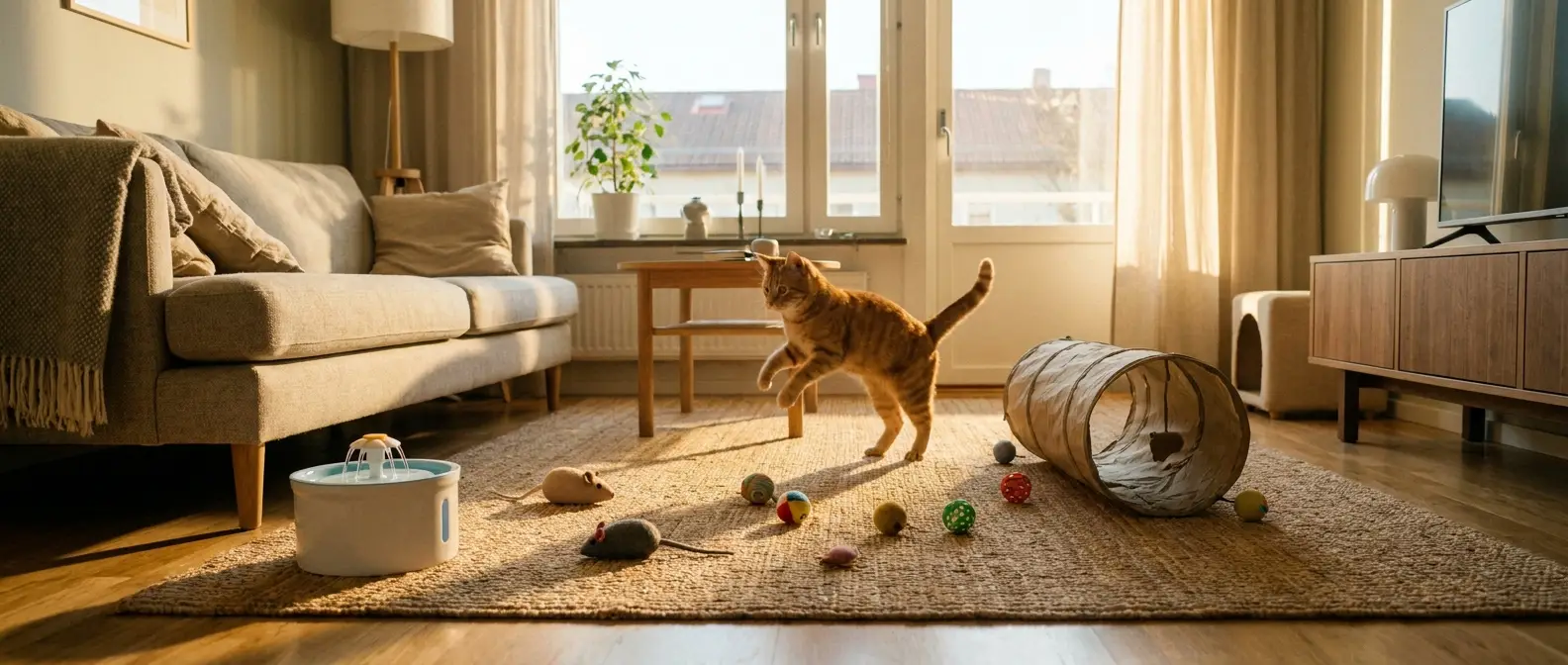 Katt leker med leksaker nära vattenfontän i ljust vardagsrum - Djurslottet