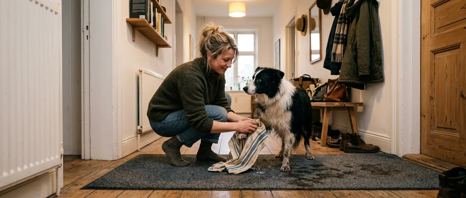 Kvinna torkar av en border collies tassar med handduk på en matta i hallen - Djurslottet