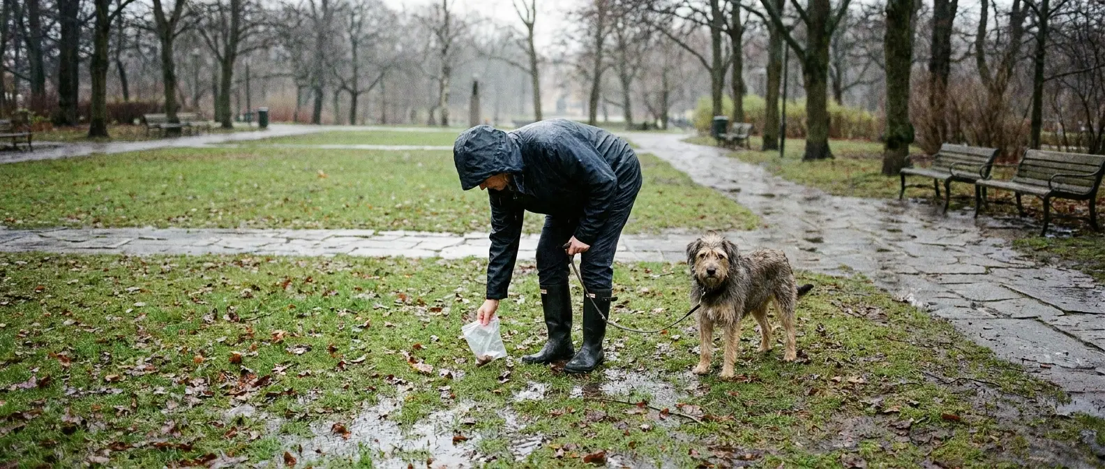 Hundägare böjer sig ner med en plastpåse i vått gräs en regnig dag - Djurslottet