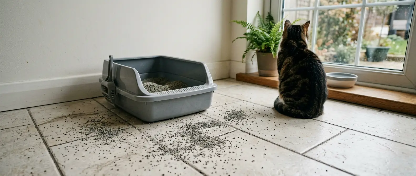 Kattströ utspritt på klinkergolv bredvid en liten öppen kattlåda - Djurslottet