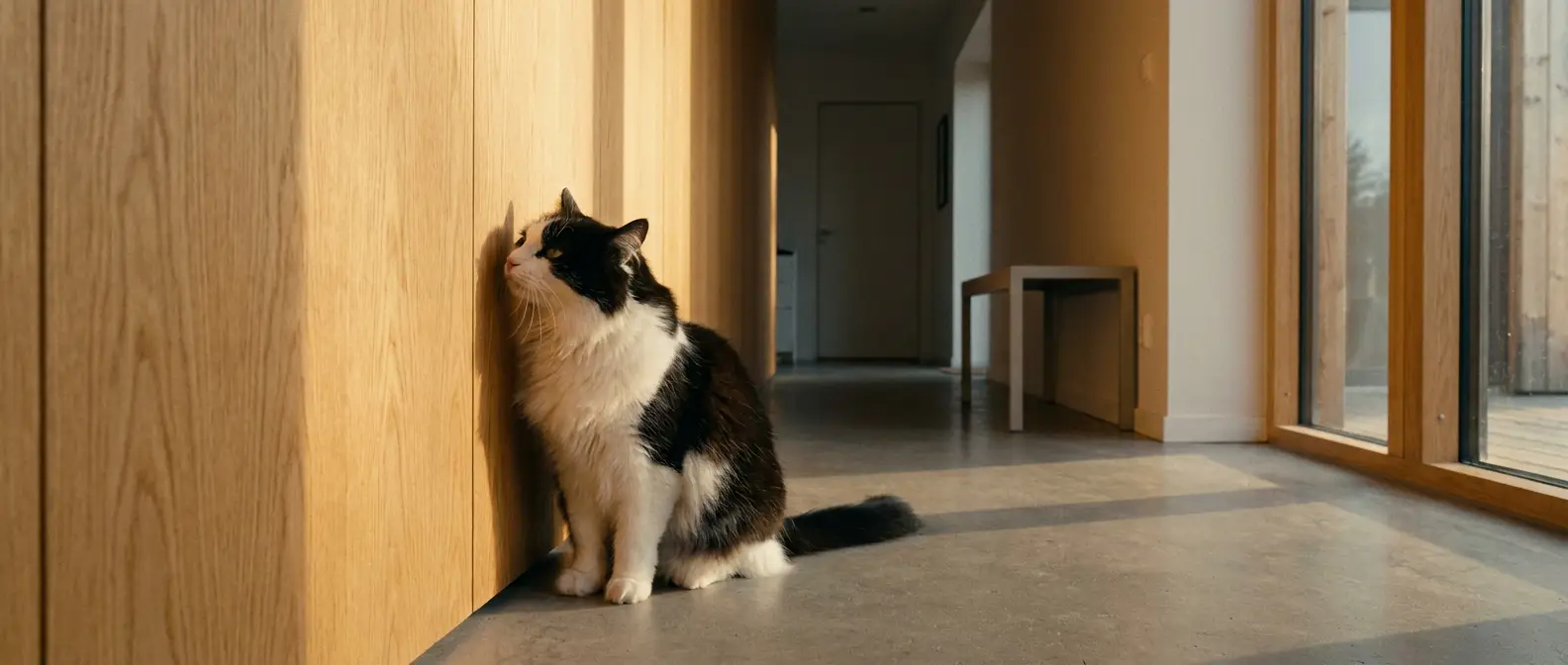 Svartvit katt gnider kinden mot en träpanel i en minimalistisk hall - Djurslottet