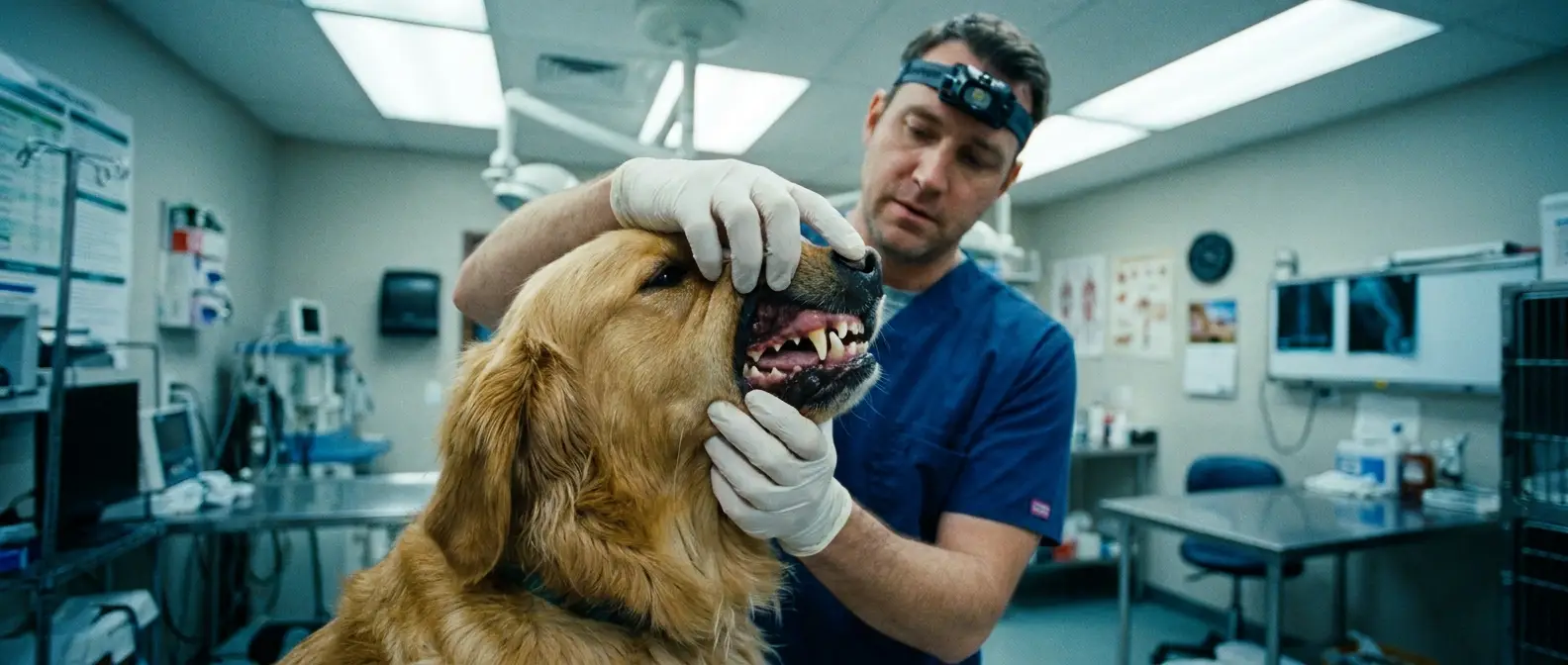 Veterinär lyfter försiktigt på hundens läpp för att titta på tänder och tandkött - Djurslottet