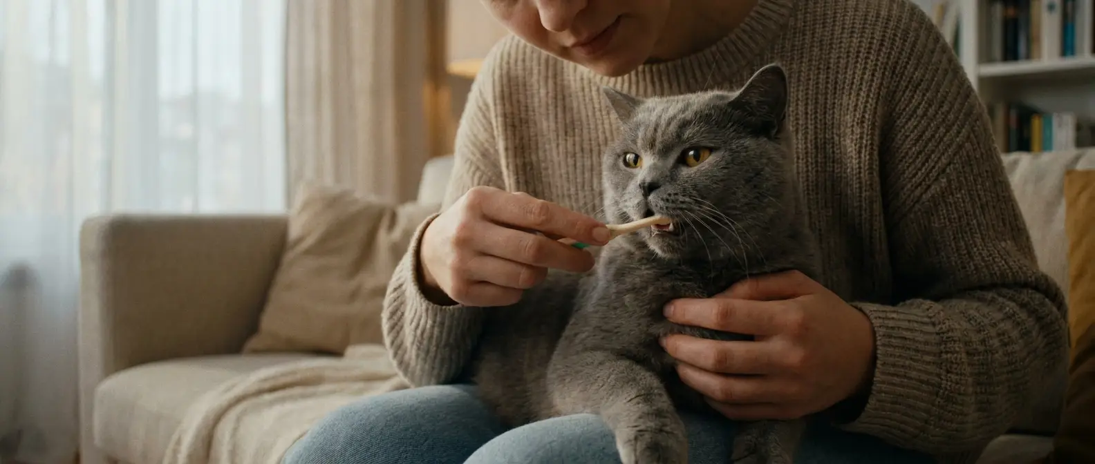 Grå katt hålls lugnt i knät medan ägaren introducerar en liten tandborste - Djurslottet