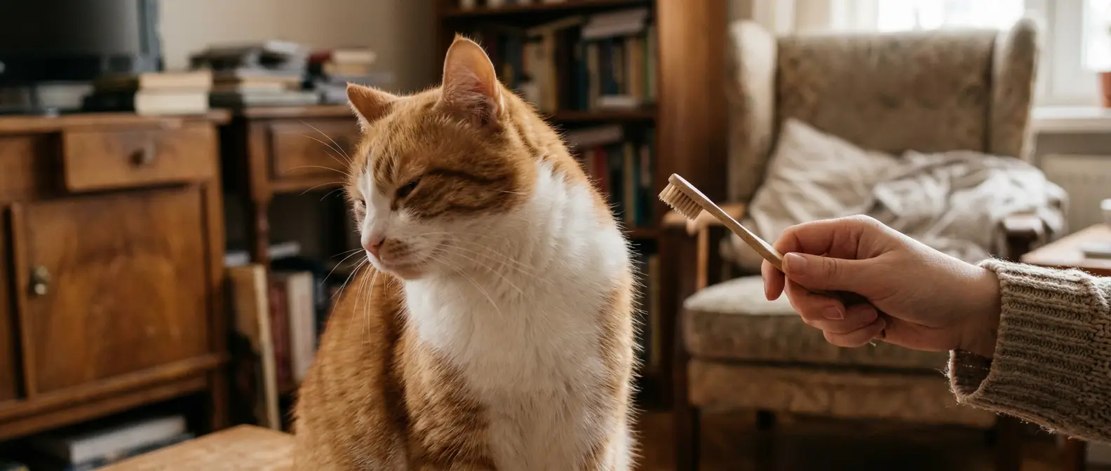 Katt vänder bort huvudet när ägarens hand närmar sig med en tandborste - Djurslottet