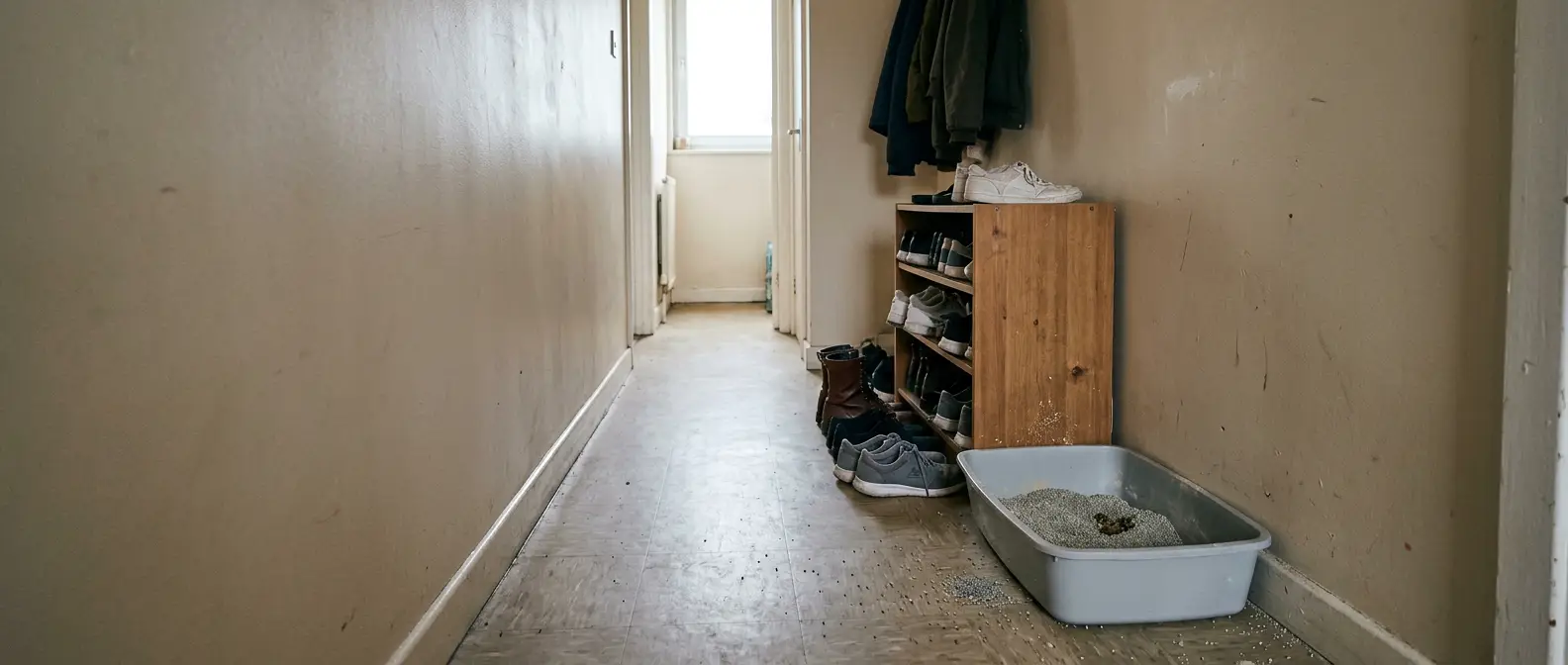 Oskyddad plastkattlåda står öppet bredvid en skohylla i en smal hall - Djurslottet