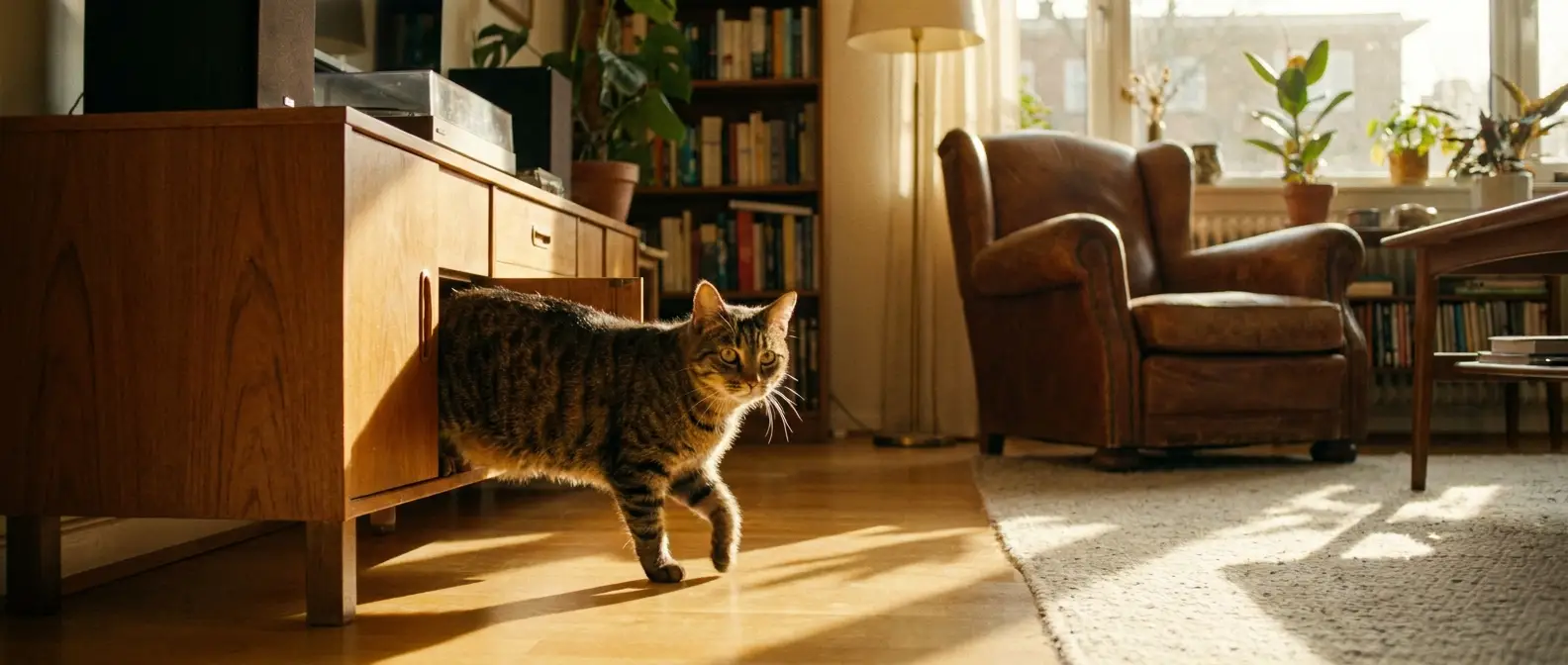 Tigrerad katt kliver ut genom sidoingången på ett träskåp i ett ljust vardagsrum - Djurslottet
