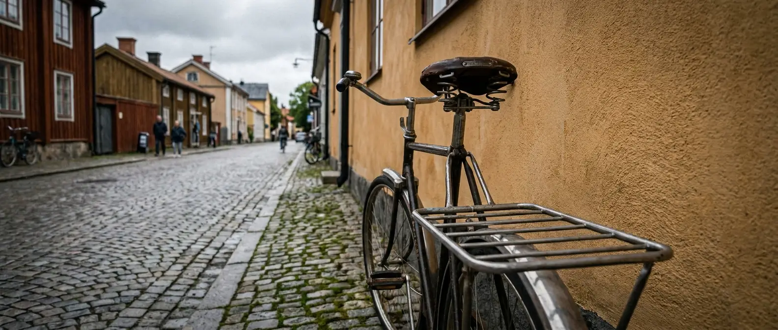 Cykel med tom pakethållare parkerad mot en vägg på en kullerstensgata - Djurslottet
