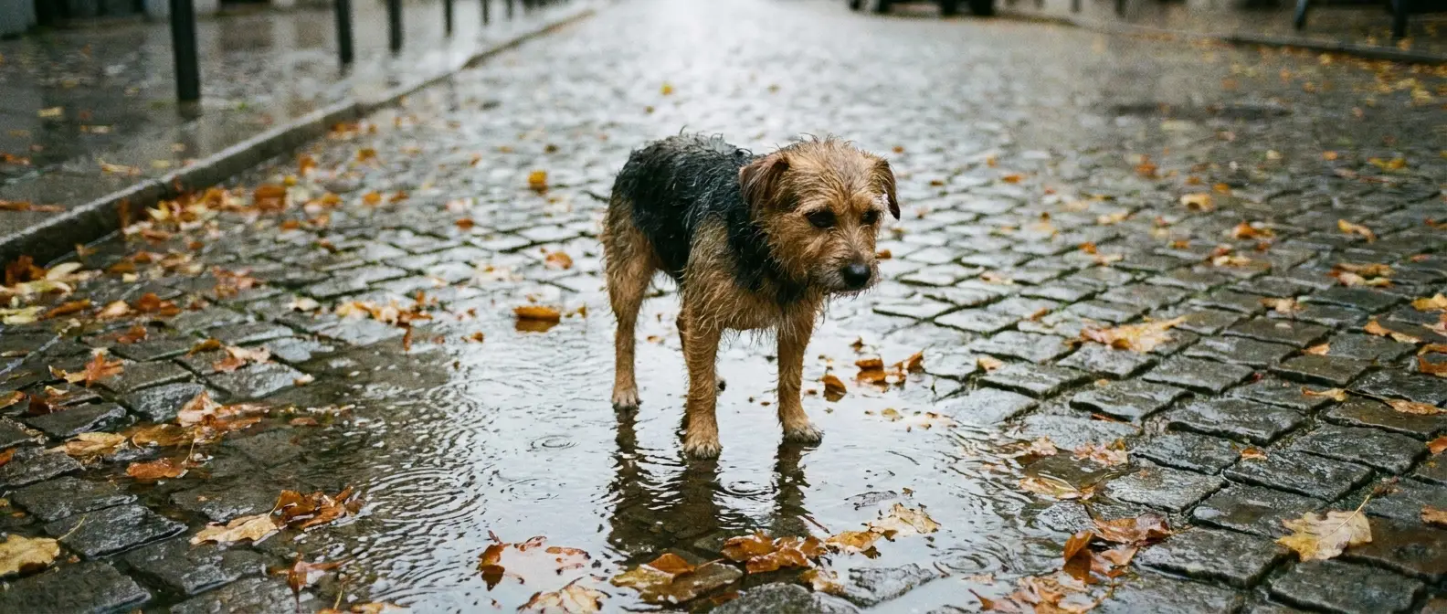 Genomblöt liten hund står på en regnig trottoar bland höstlöv - Djurslottet
