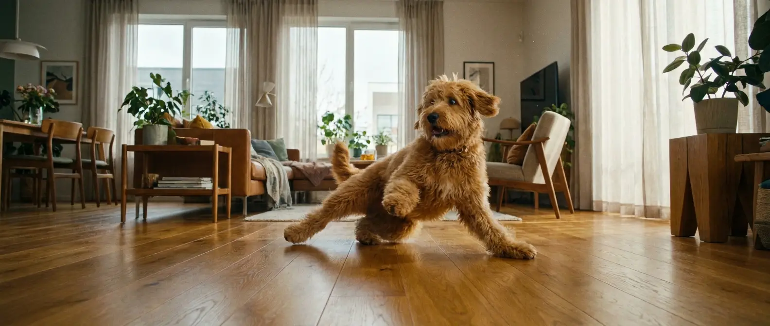 Ludden hund halkar med isärglidande ben på ett blankt trägolv - Djurslottet